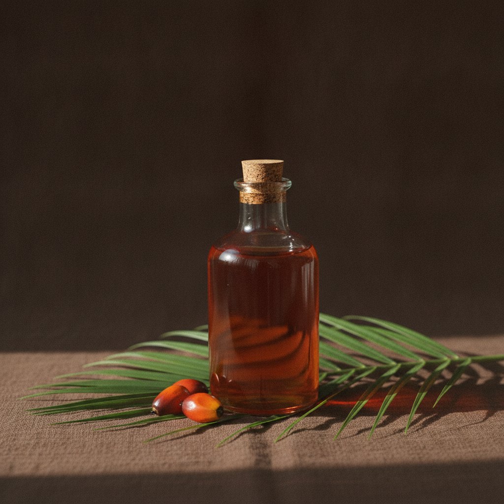 Bottle of red palm oil beside palm fruit and a palm frond, illustrative image