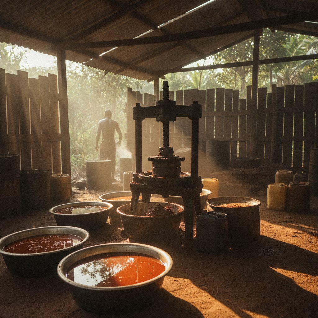 Artisanal palm oil pressing workshop with basins of red oil, illustrative image