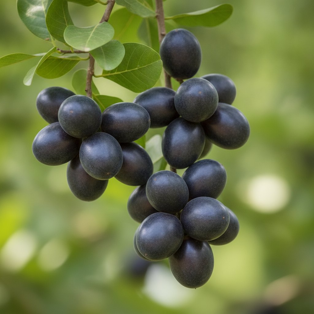 Clusters of purple safou on the branches of a safou tree, illustrative image